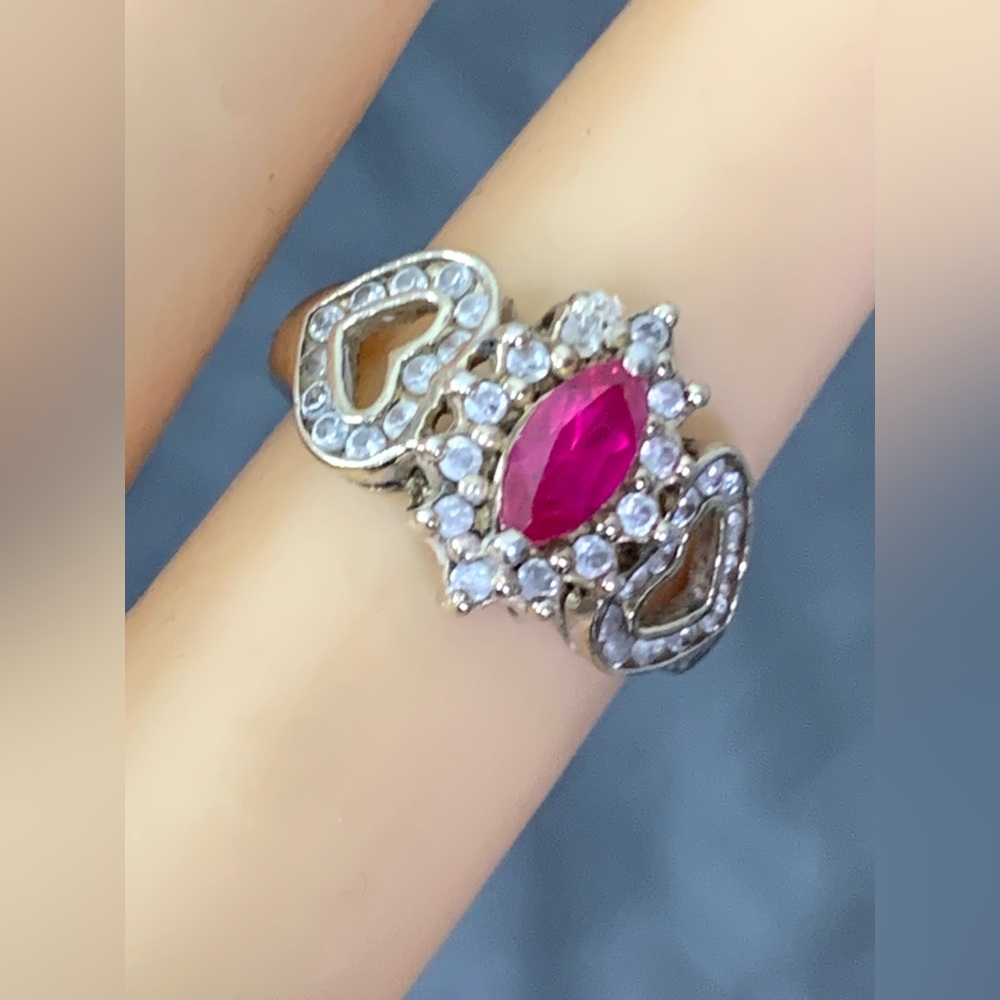 Vintage 14k Gold Plated Over 925 Sterling Silver Red Garnet CZ Heart Design Ring